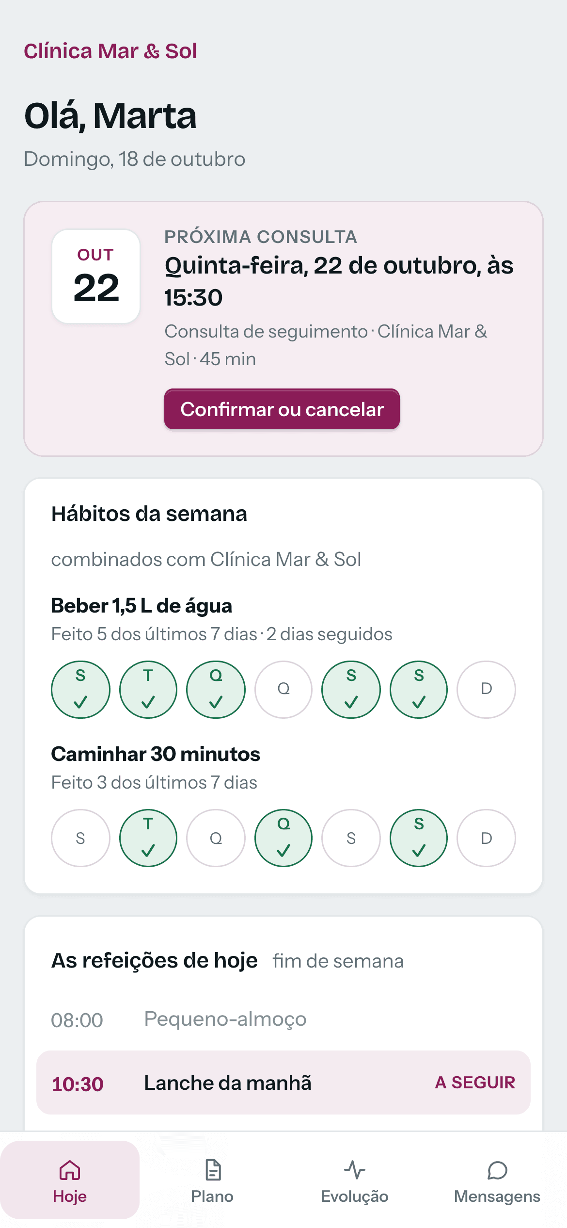A página do cliente no telemóvel: a próxima consulta, os hábitos da semana e as refeições de hoje.